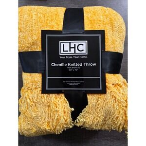 LHC Chenille Knitted Throw Black 60" x 70" Yellow/Gold with Fringe Soft Fluffy